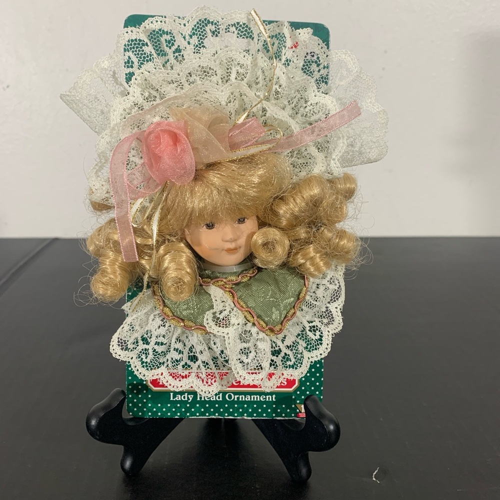 Vintage Lady Head Ornament with Lace and Pink Bow New